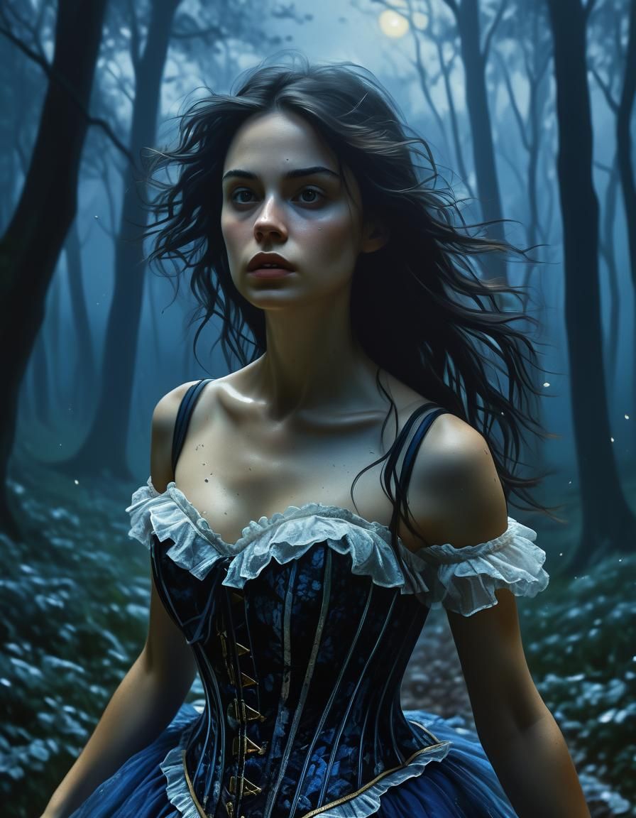 Ethereal Renaissance Woman Runs Through Forest, Chiaroscuro