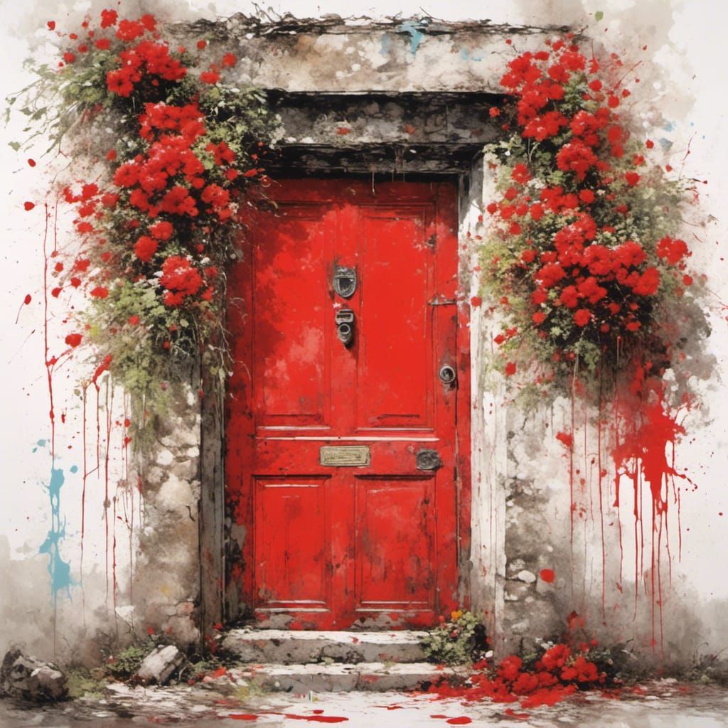 Red Door with Flowers in Splatter Graffiti Style