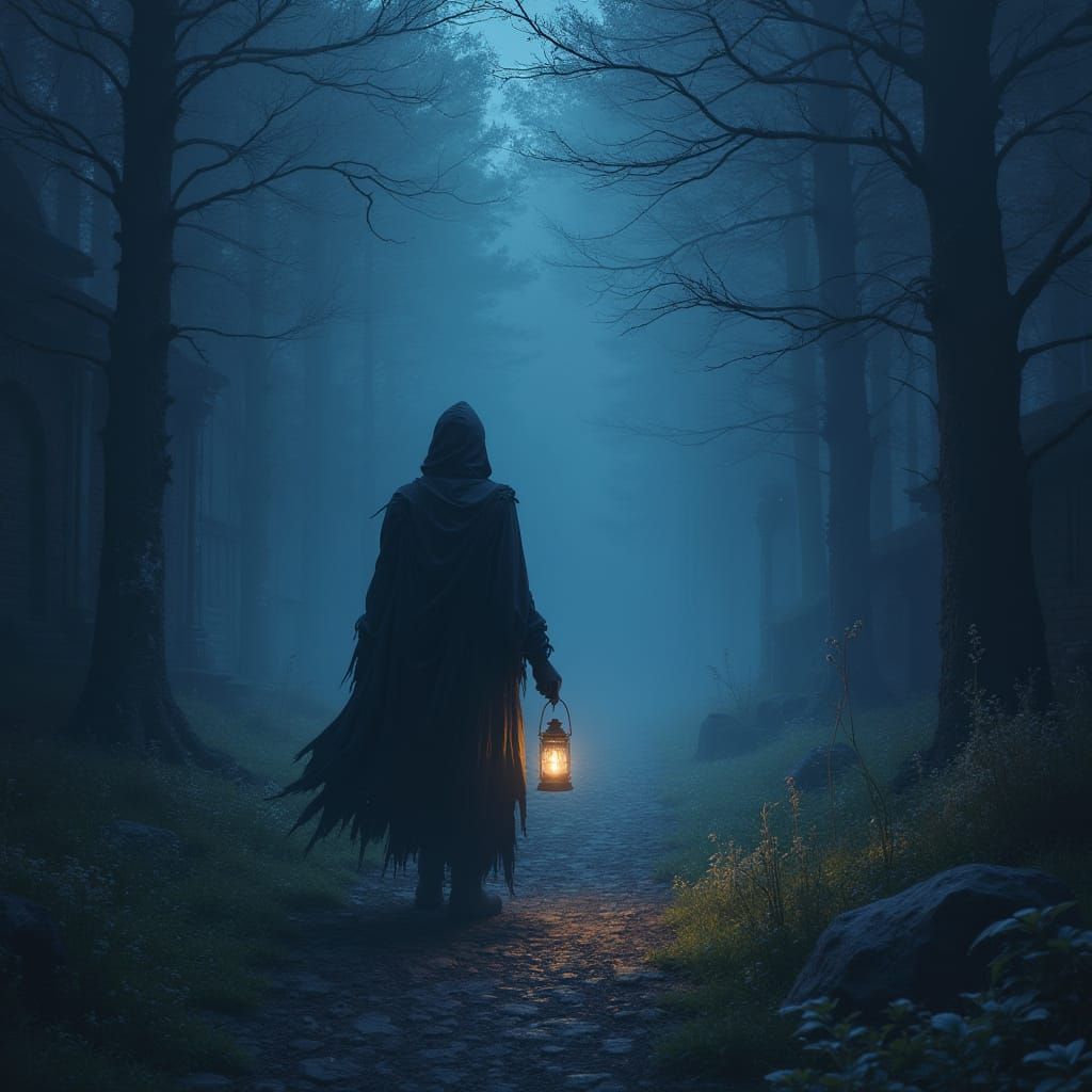 Ethereal Figure in Bioluminescent Forest at Twilight