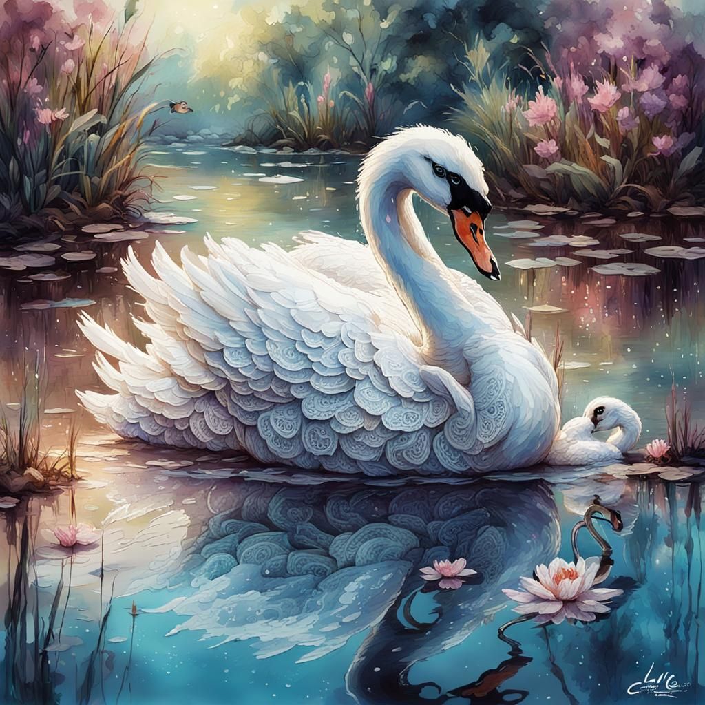 Lace Swan on Lake in Gouache Style