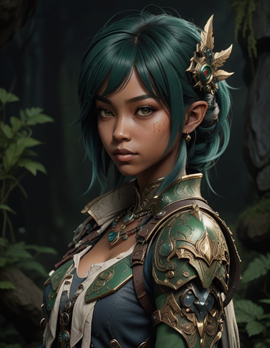 Dark Skinned Fantasy Warrior in Emerald Green Hair