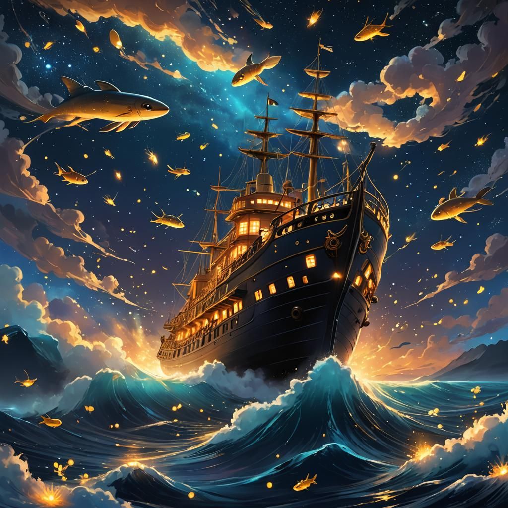 Starry Ship in Zaffre Sky: Ghibli Concept Art