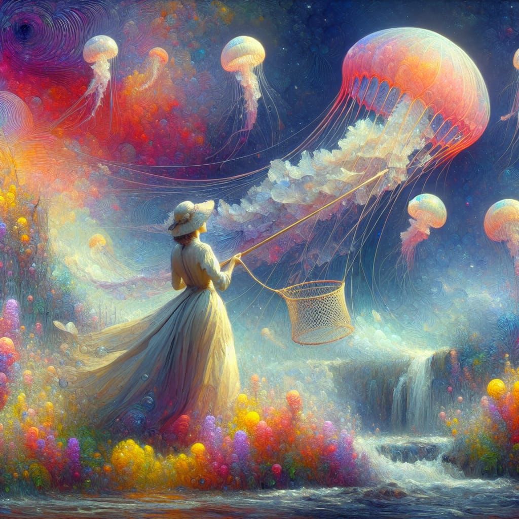 Woman Catches Flying Jellyfish in Dreamlike Scene