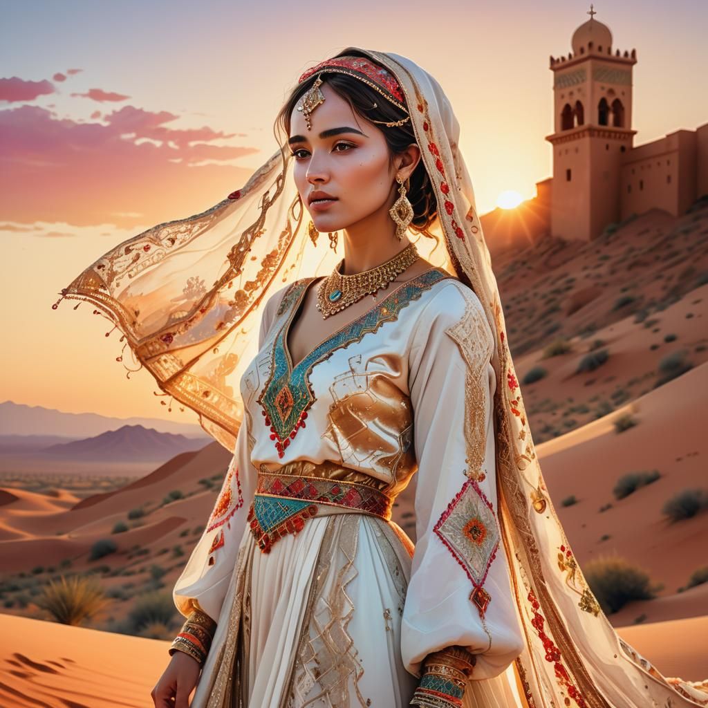 Moroccan Bride in Traditional Attire: Watercolor Illustratio...