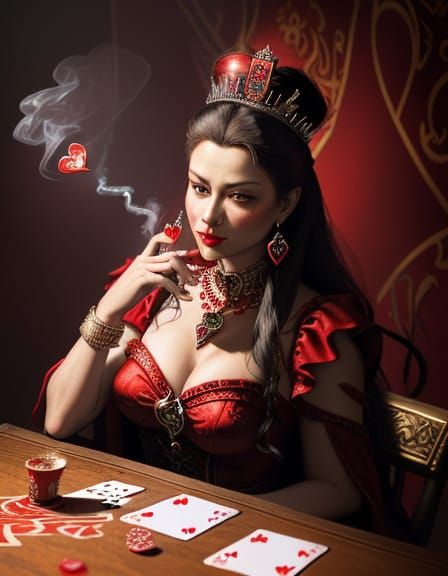 Queen of Hearts Impasto & Graffiti Painting with Smoky Red A...