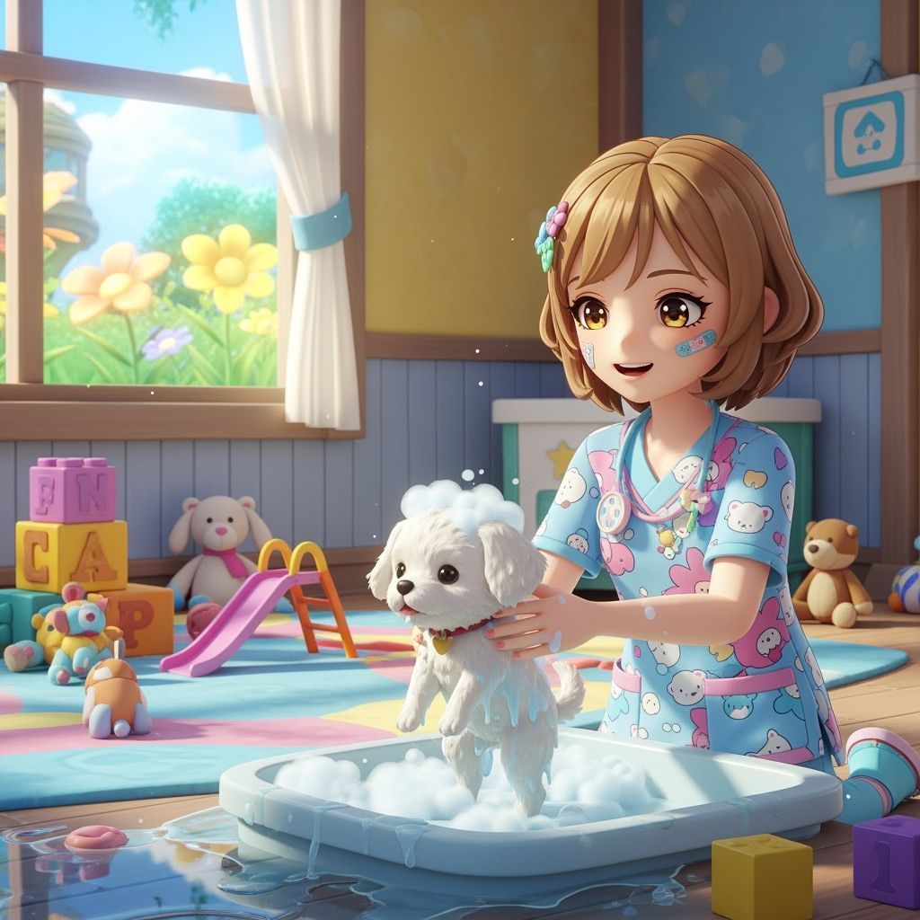 Anime Girl Bathes Puppy in Sunny Daycare