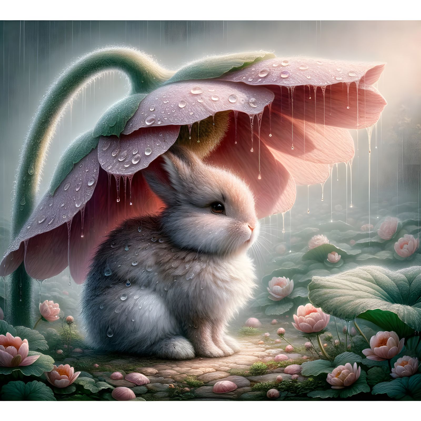 Fluffy Rabbit Under Flower During Rain, High Resolution