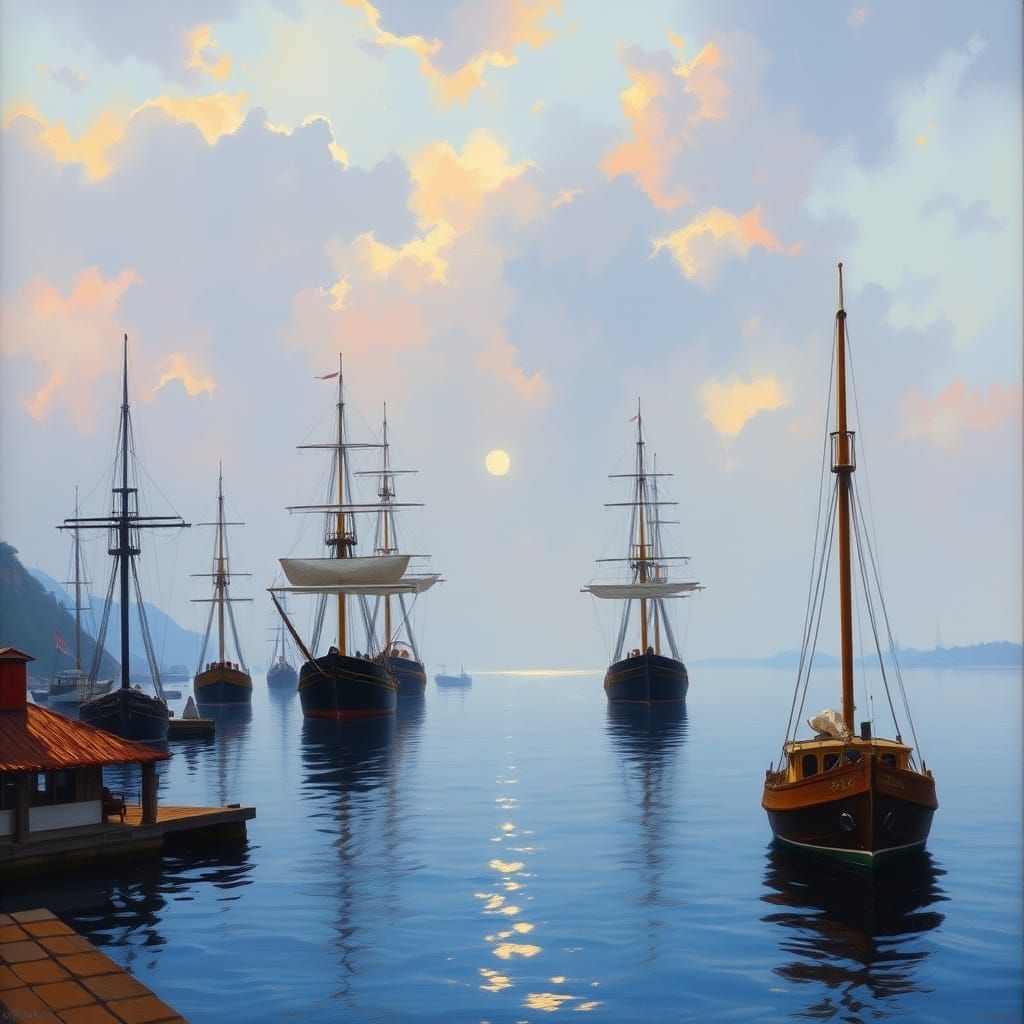 Majestic Ships in Serene Harbor, Impressionist Style