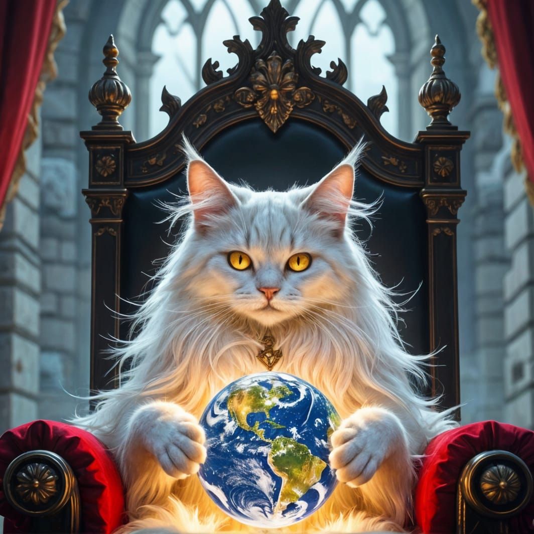 Majestic White Cat King on Gothic Throne