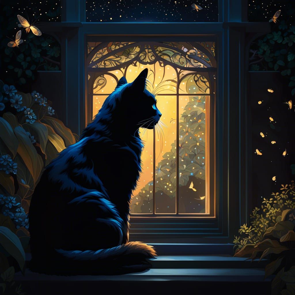 Cat Silhouette at Window with Fireflies, Digital Art