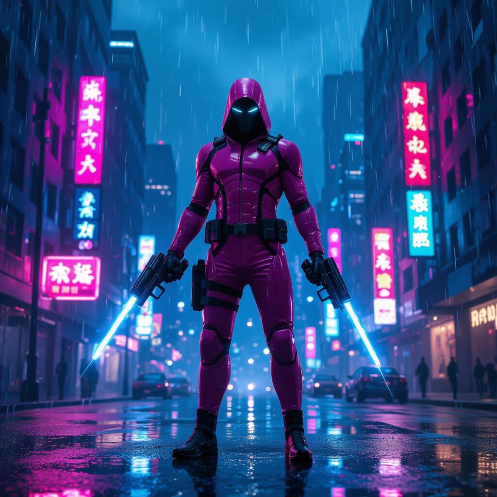 Pink Assassin with Blue Guns in Neon City Storm