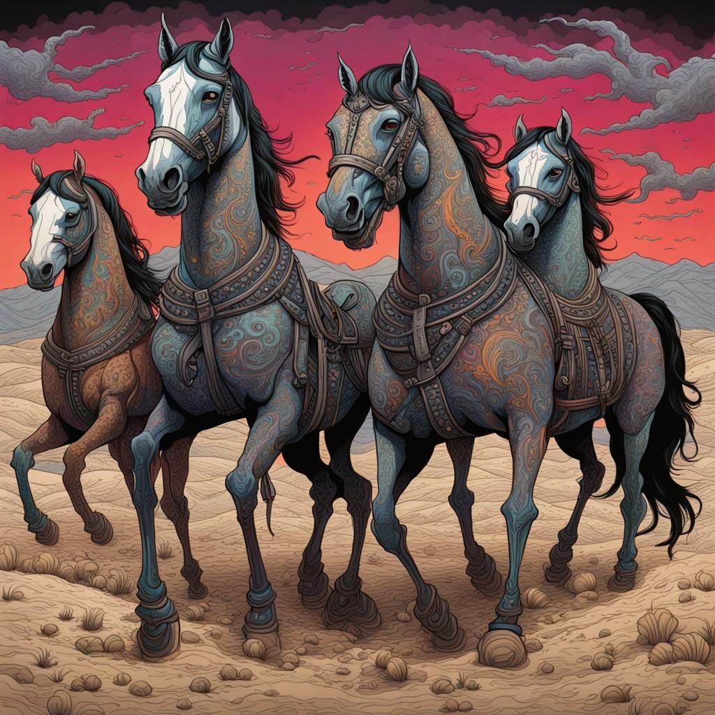 The horses of the Apocalypse,  Pendleton Ward gothic art colorful hyperdetailed light dust magnificent mysterious post-a...