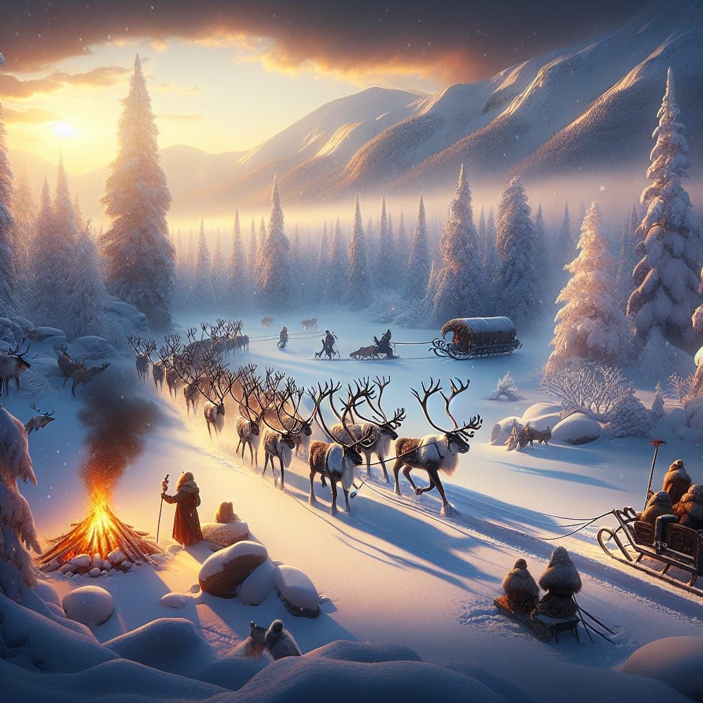 Lapland Scene with Reindeer and Firelight