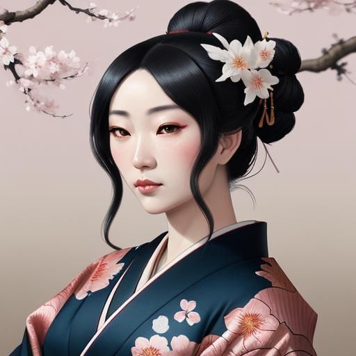 Geisha with Cherry Blossom in Ukiyo-e Style