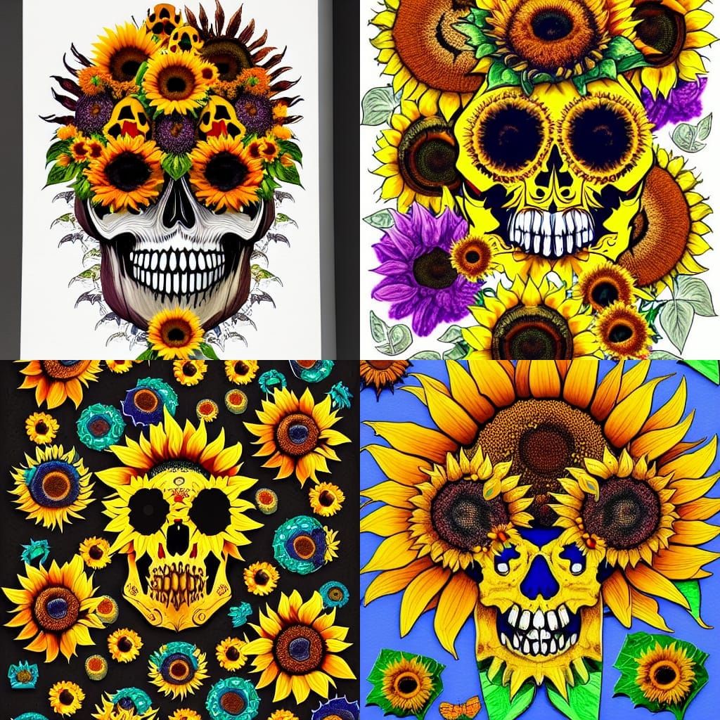 Sunflowers and Skulls: Surreal Autumn Mixed Media Illustrati...