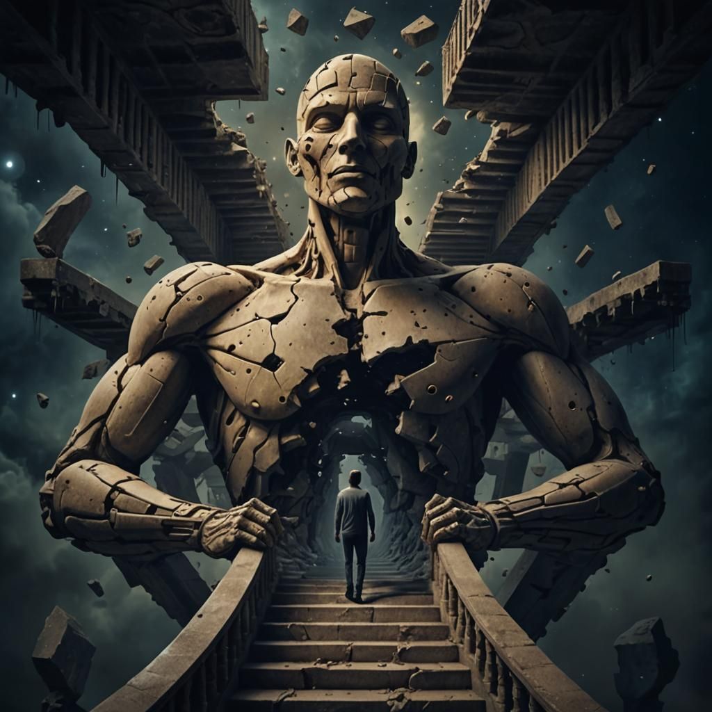 Surreal Statue with Carved Stairs in Space
