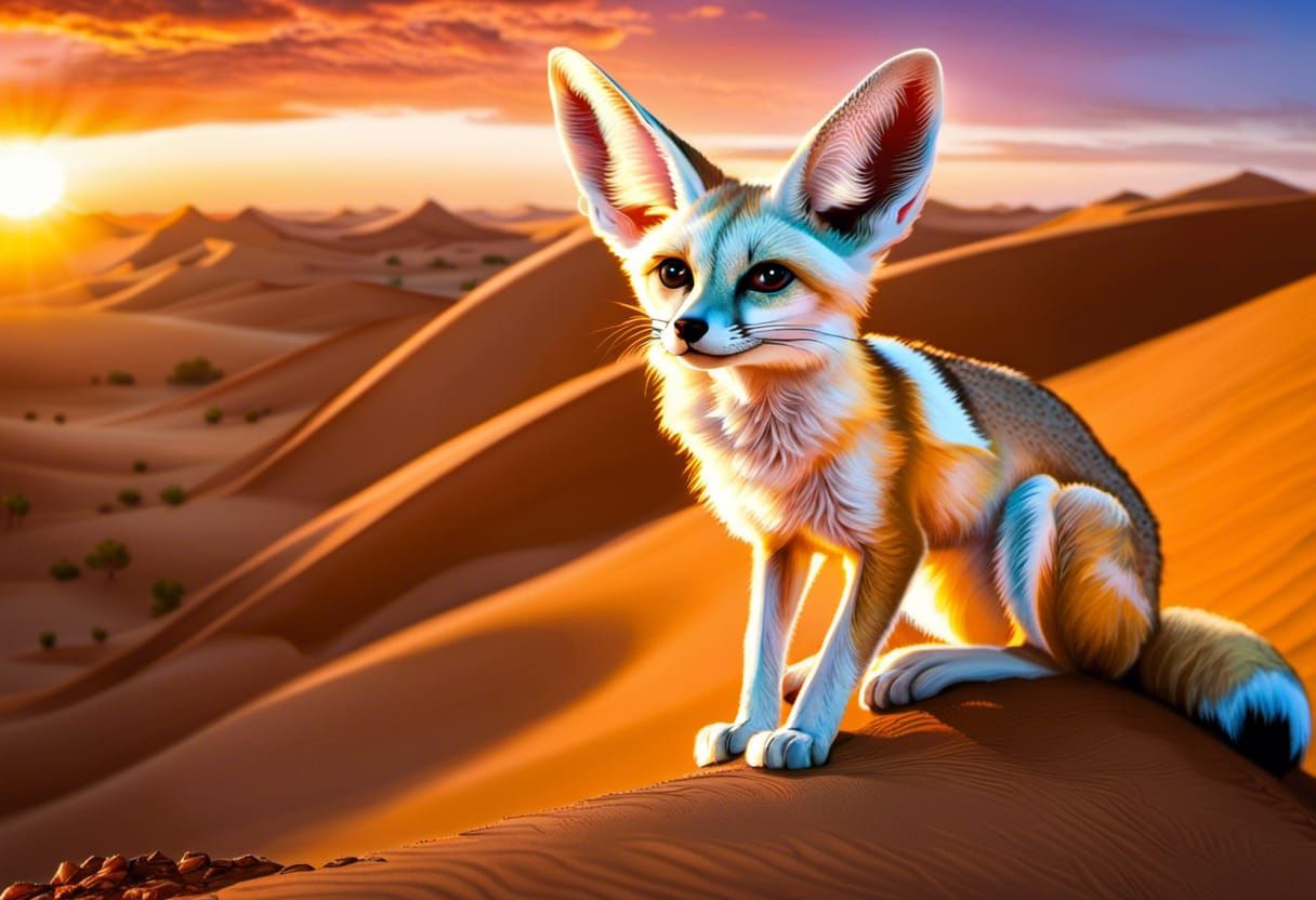 A Fennec Fox sitting to watch the sunset over the sand dunes...