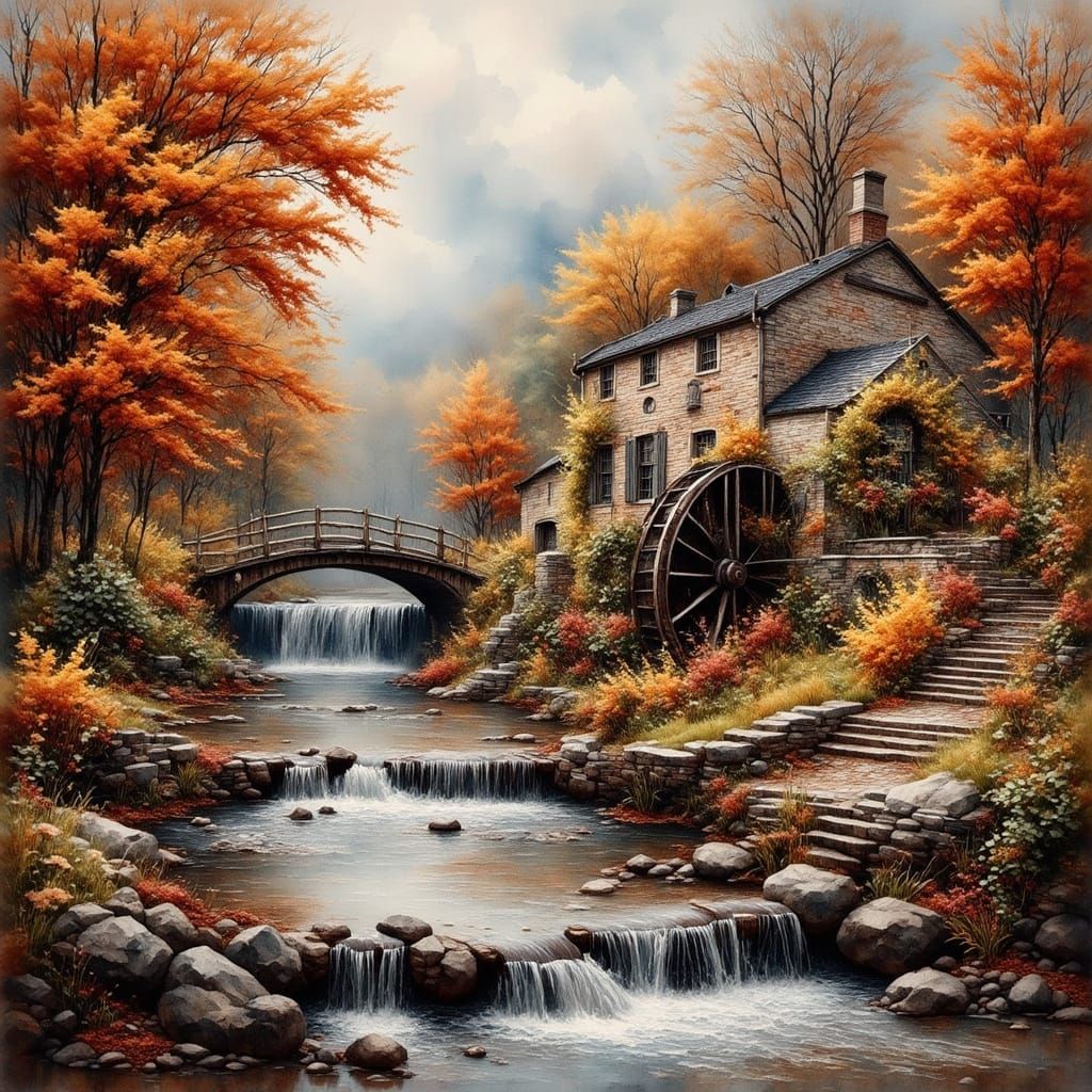 German Classic Era Waterwheel Scene in Muted Autumn Tones