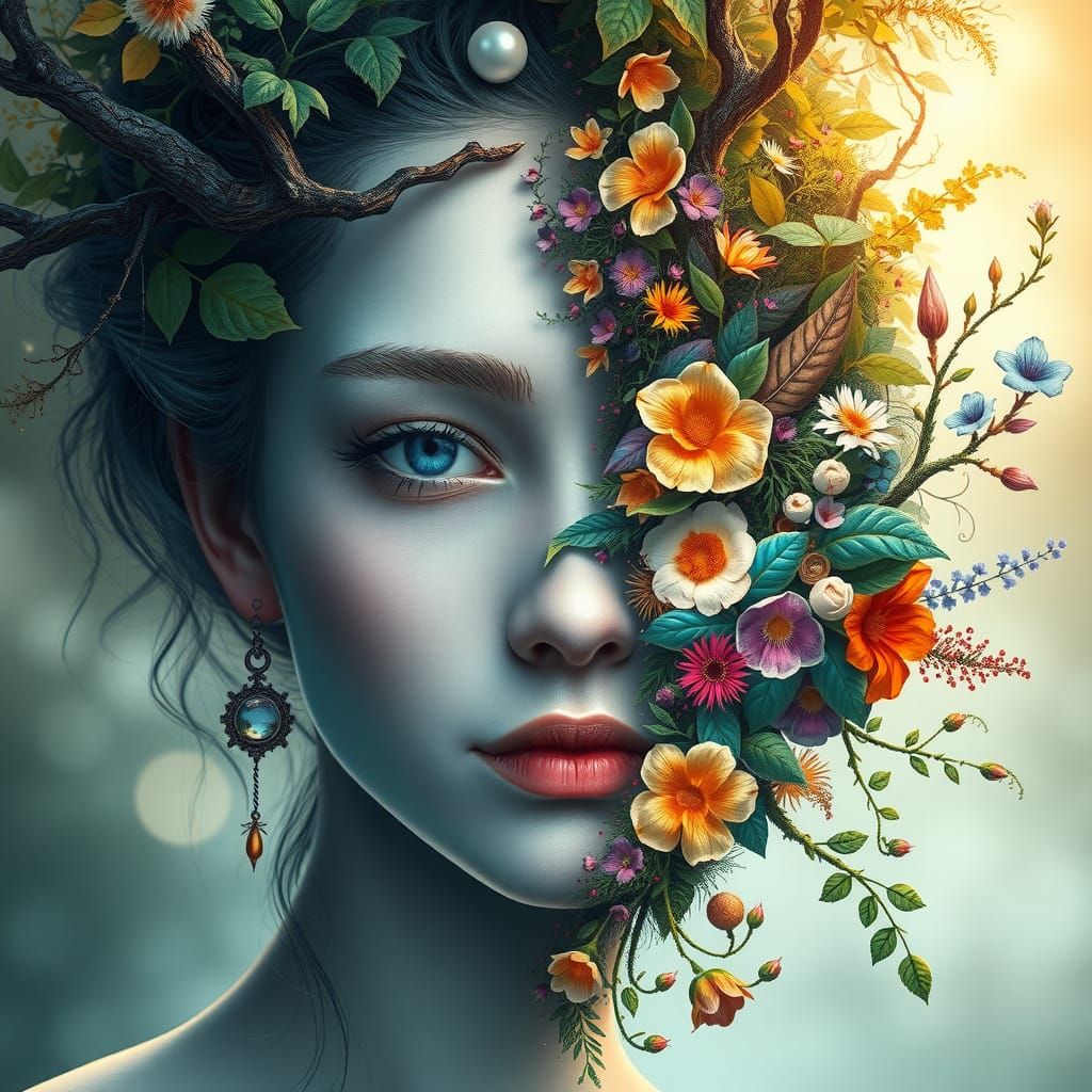 Mystical Woman with Contrasting Halves in Digital Art