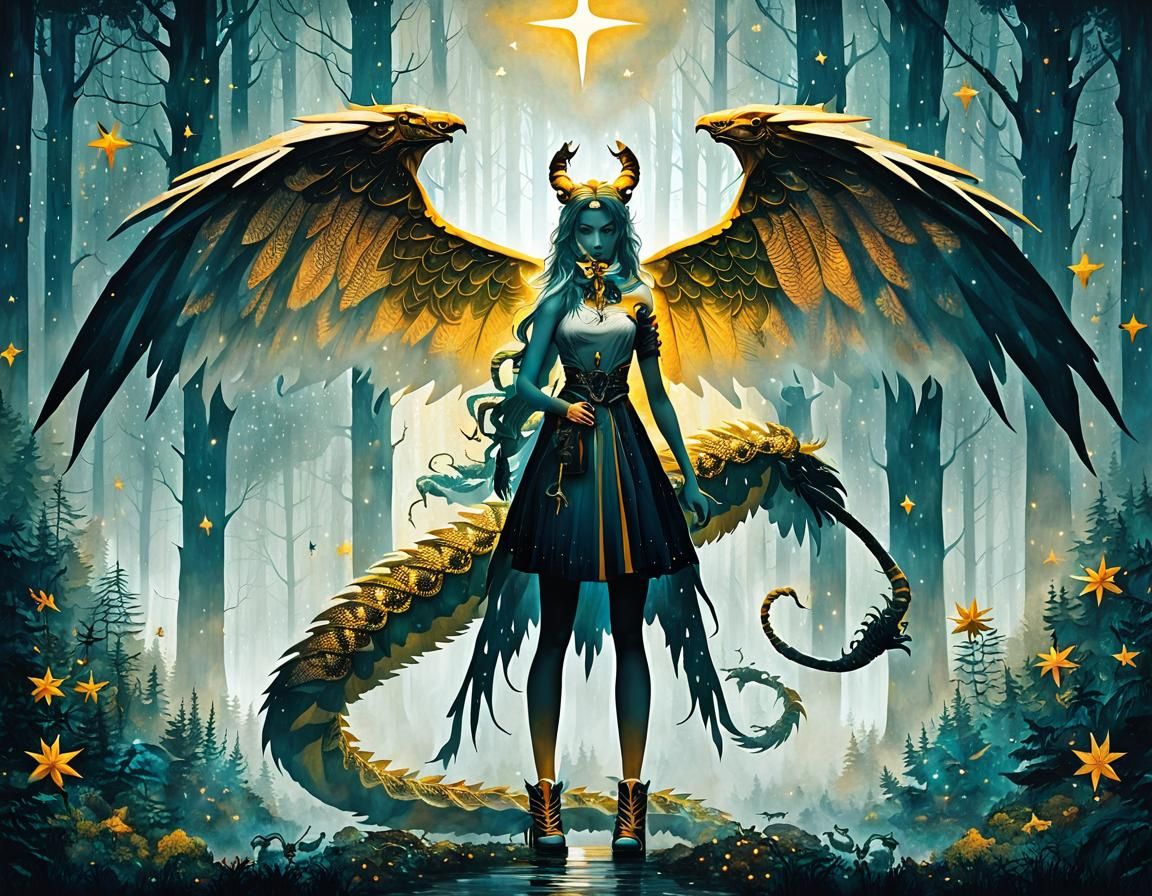 Ethereal Chimera Girl in Misty Forest