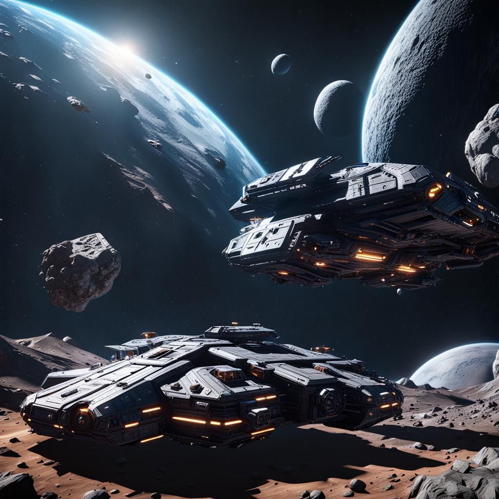 Asteroid Mining Spaceship in Cinematic 3D Style