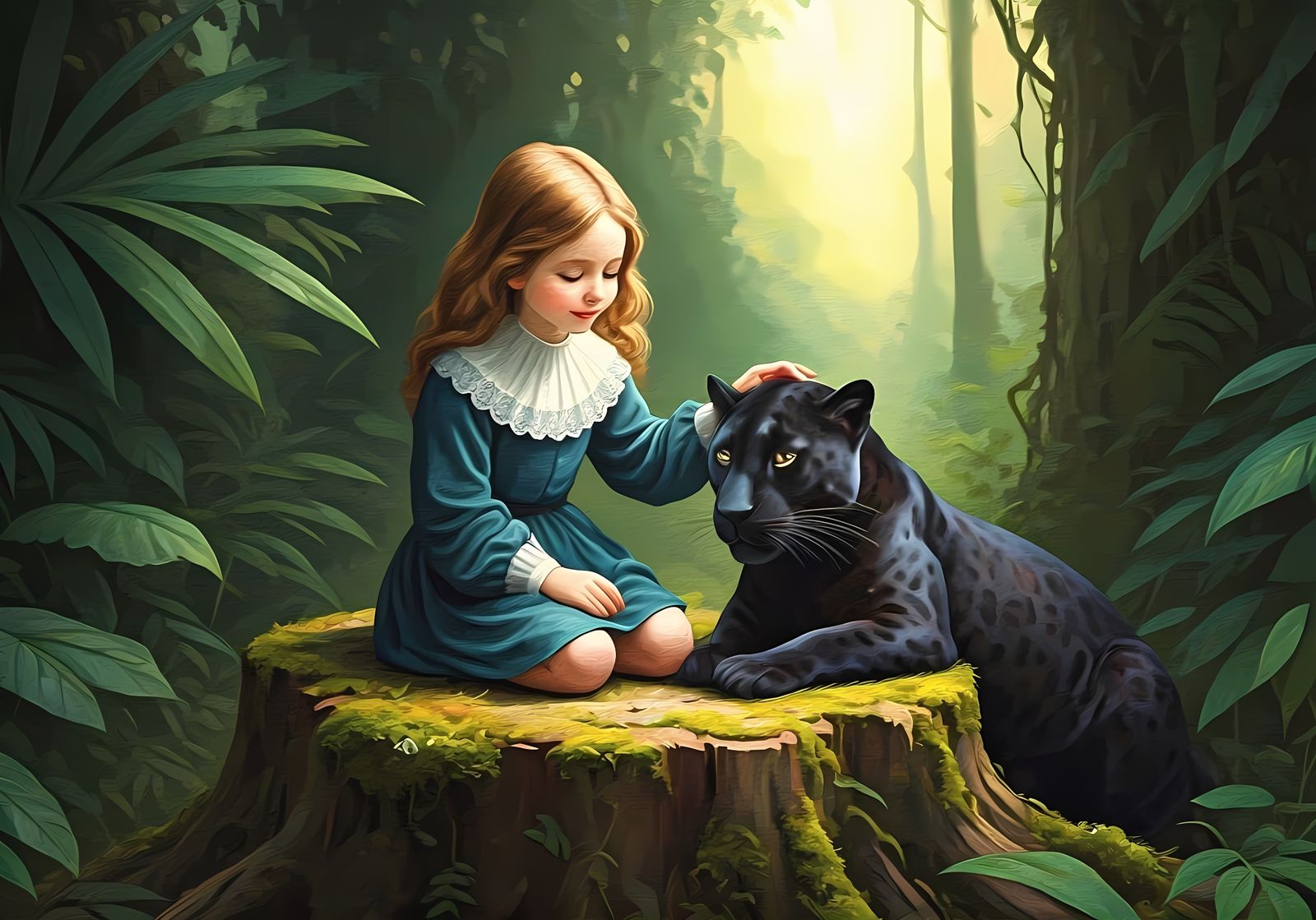 Little Girl and Black Panther in Jungle Landscape, Baroque S...