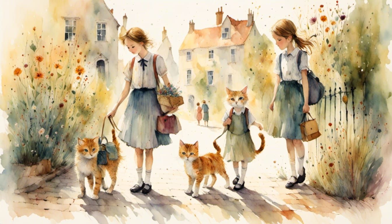 Kittens' First Day: Whimsical School Uniform Illustration