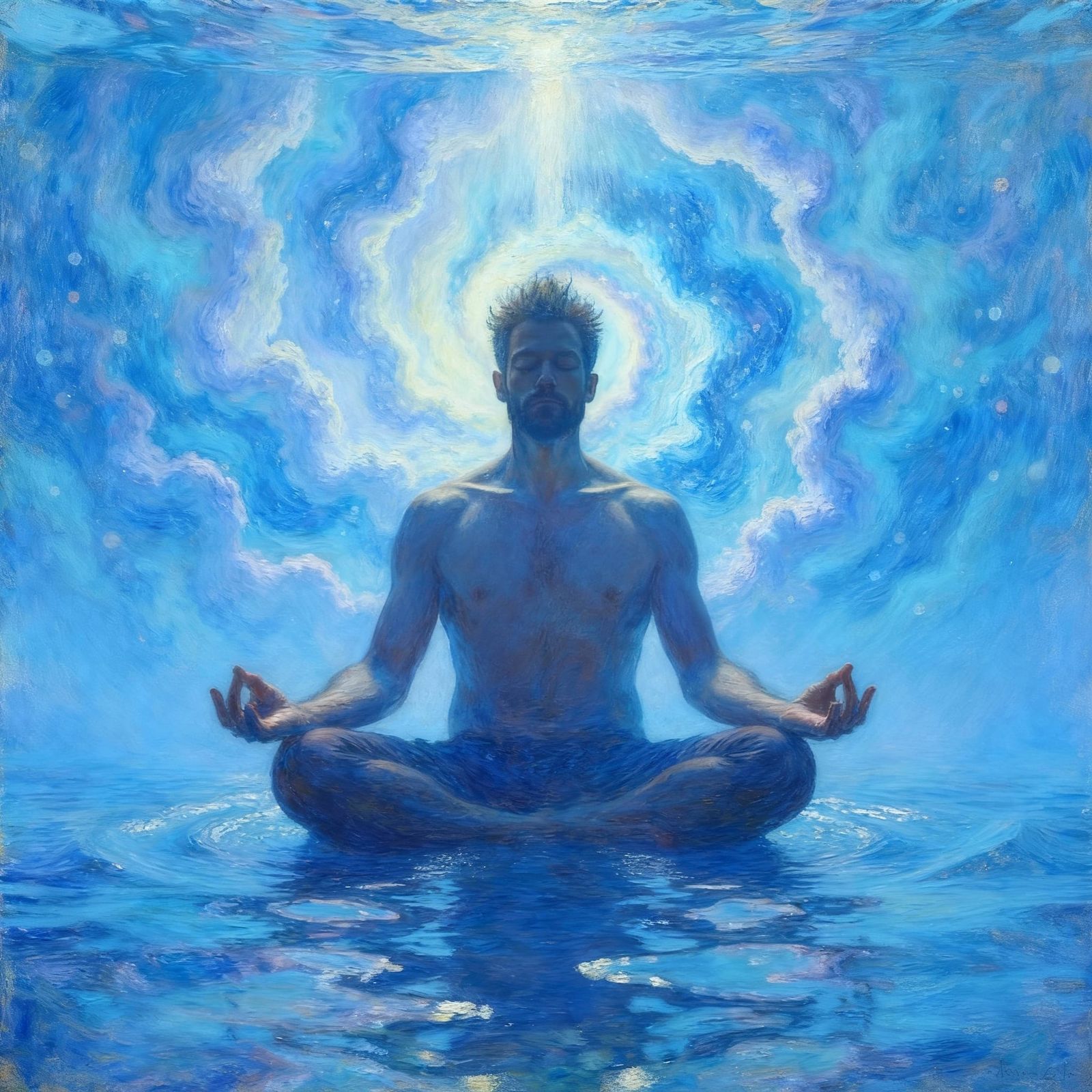 Man Meditating in Serene Blue Underwater World