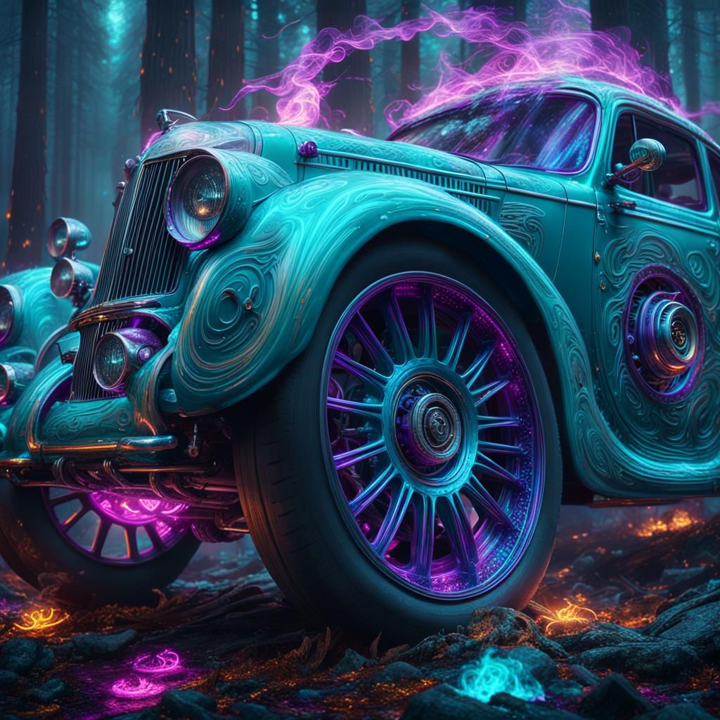 Smoking Wheels in Mystical Forest: Fantasy Concept Art