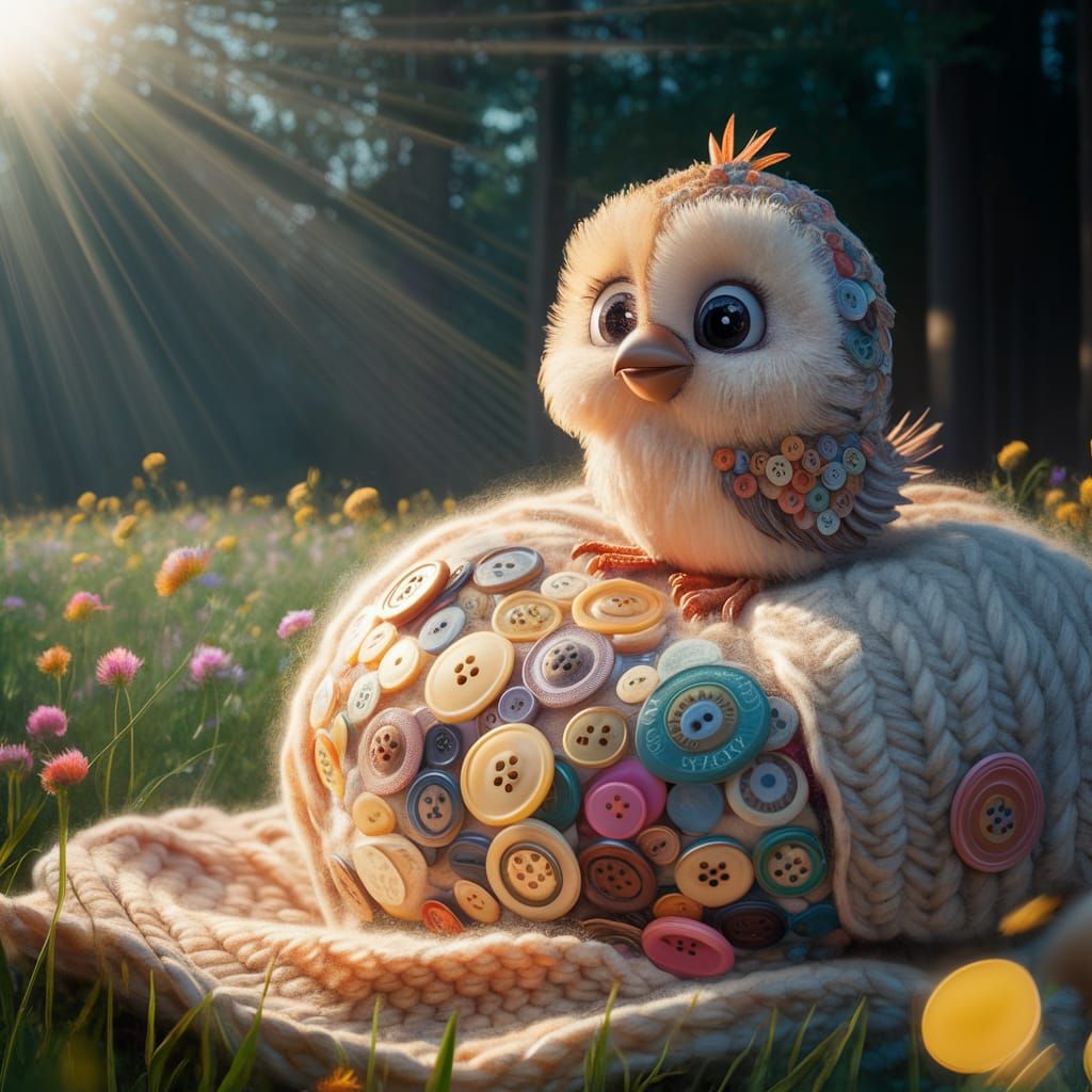 Pixar Bird Made of Buttons on Knitted Blanket