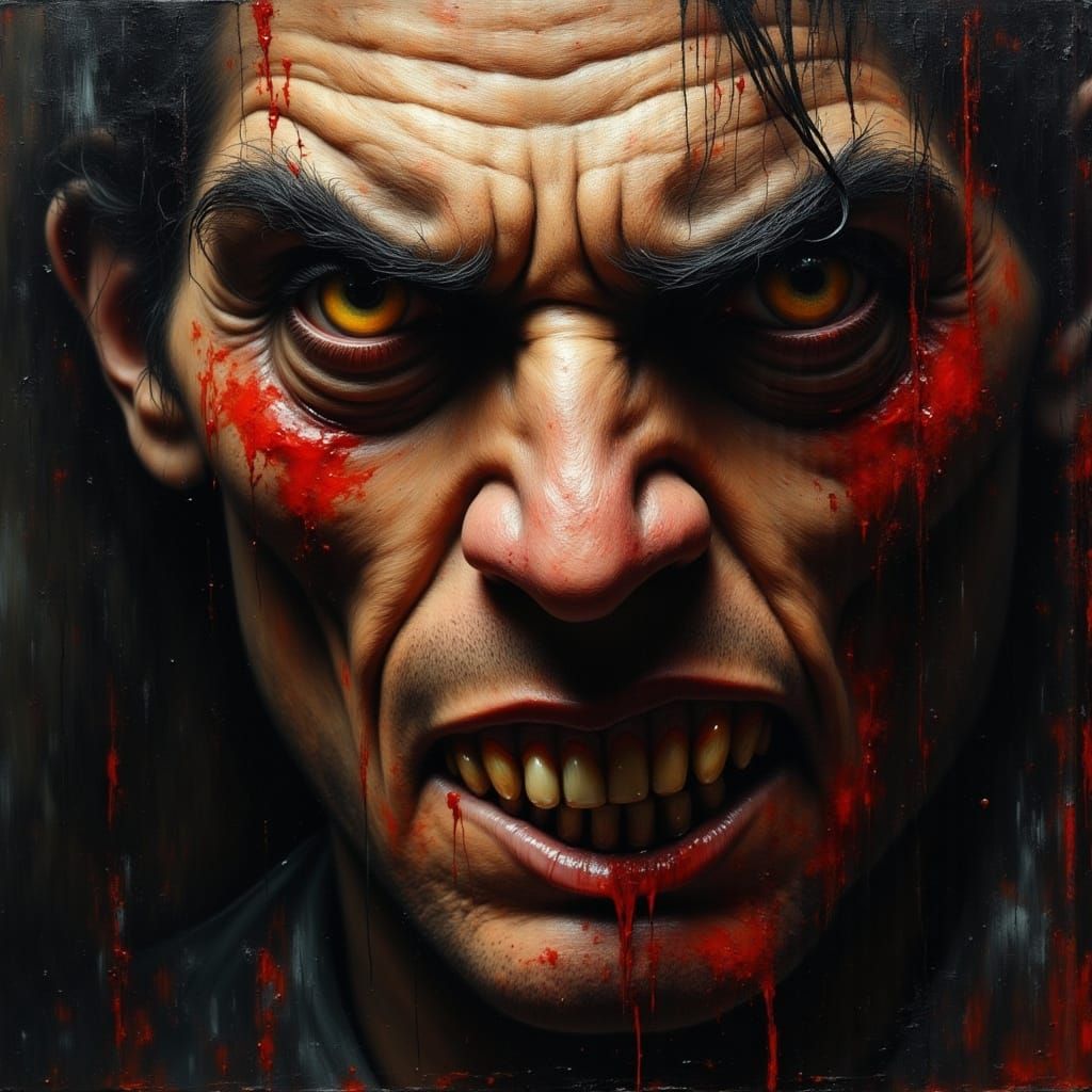 Monstrous Portrait of Evil Serial Killer in Dark Realism Sty...