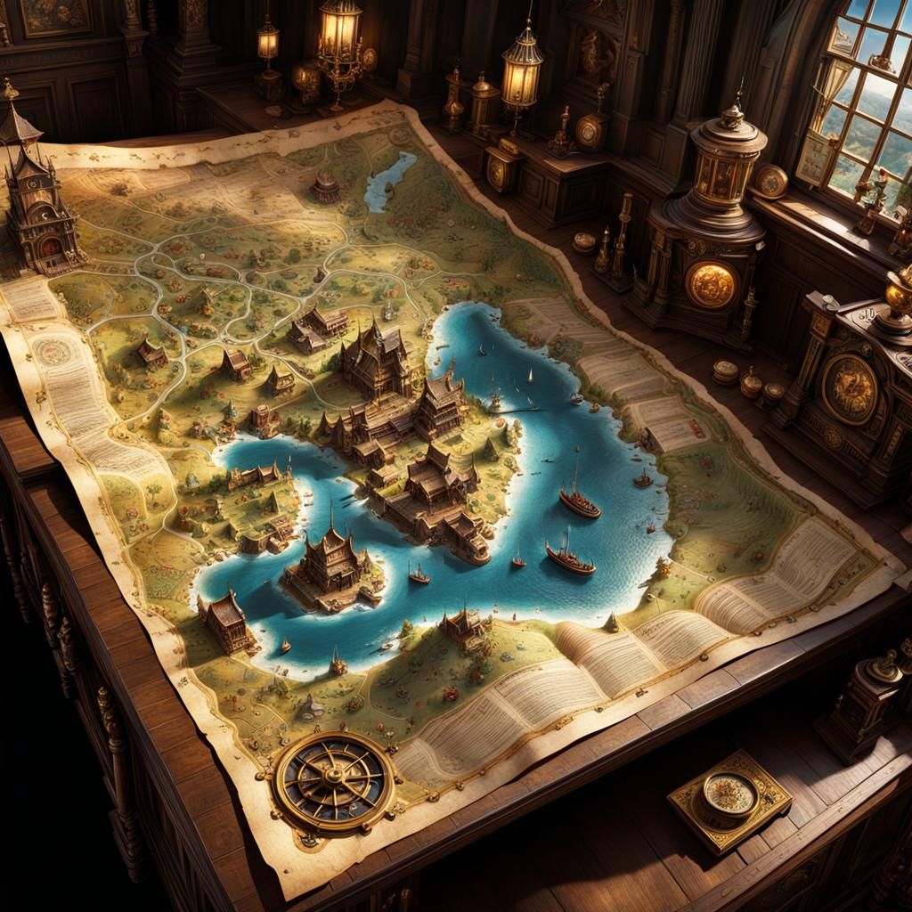 Hyperdetailed Whimsical Treasure Map with Hidden Clues