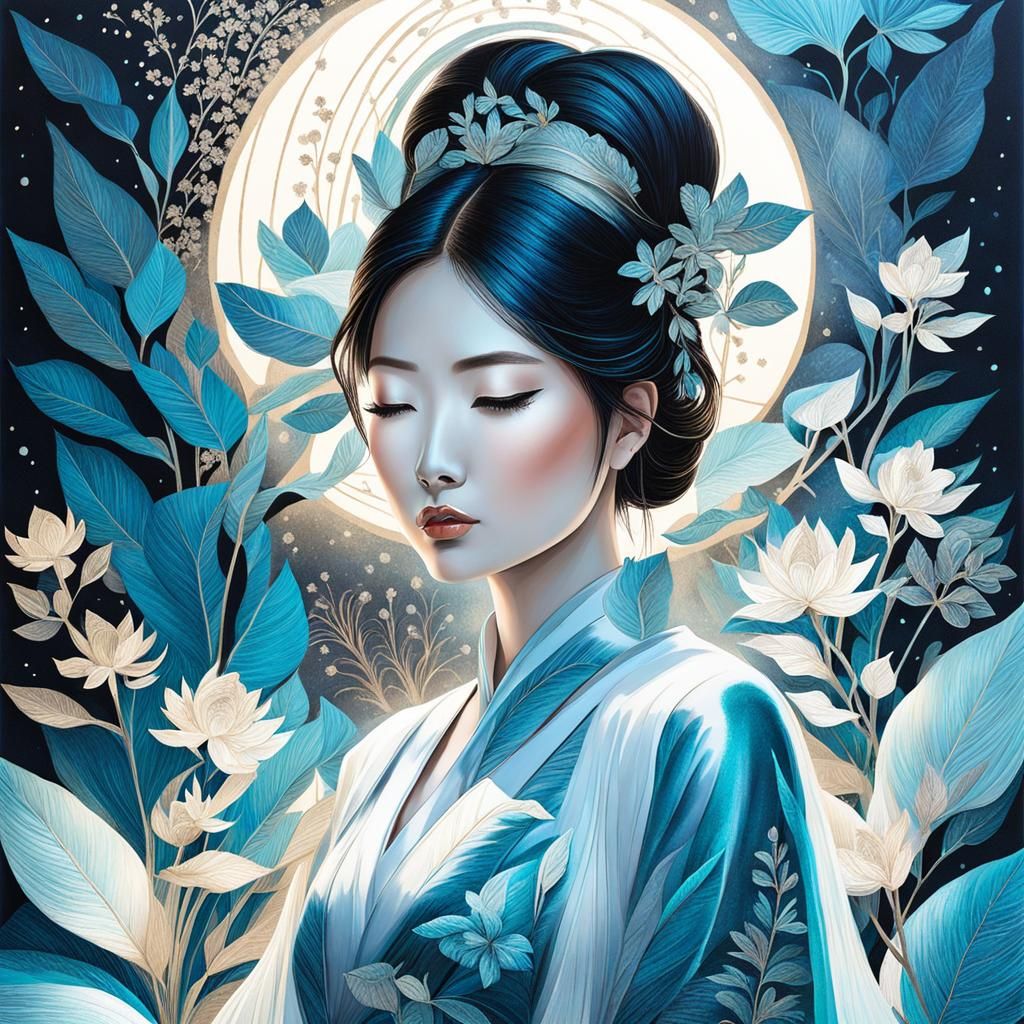 Striking Asian Woman in Bioluminescent Setting