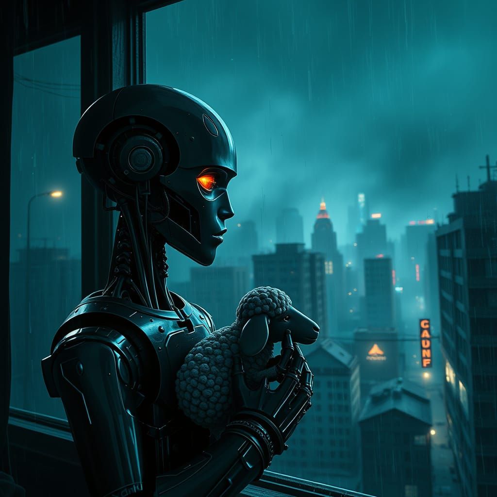 Android's Melancholy Gaze at Polluted Cityscape