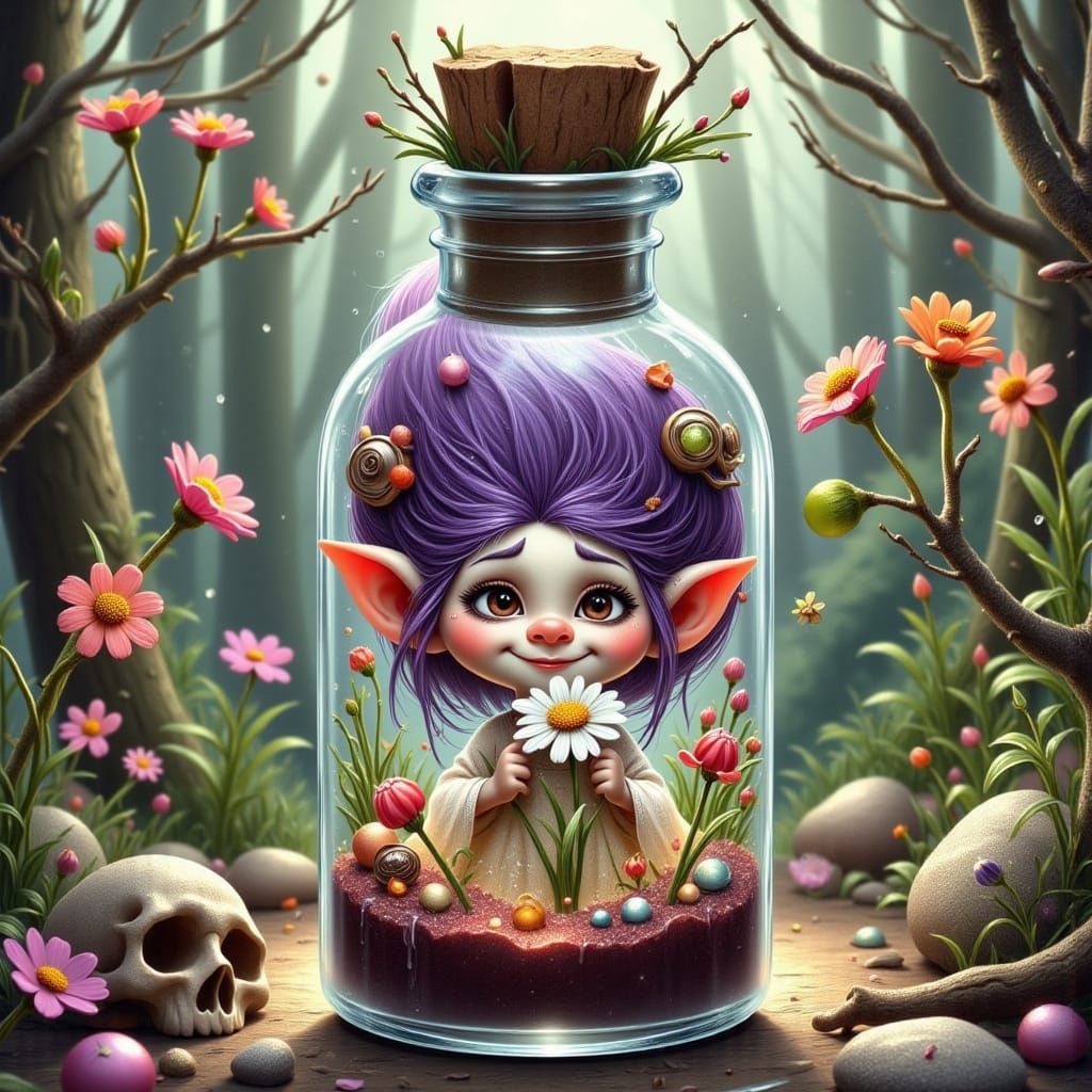 Whimsical Fantasy Scene: Purple Haired Troll in Glass Bottle