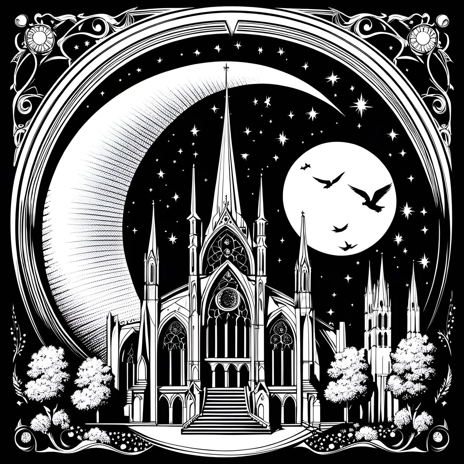 Gothic Cathedral in Monochrome Ink Illustration