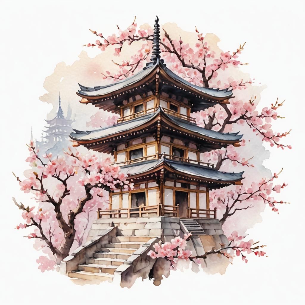 Watercolor Pagoda Amidst Cherry Blossoms in Soft Light
