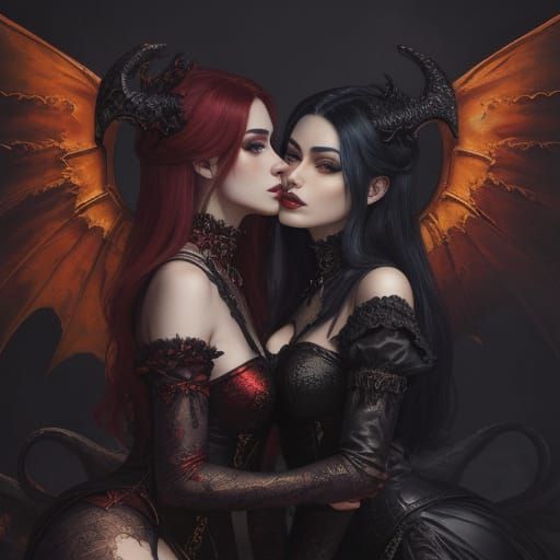 Demon Ladies Kissing in Oil Painting Style