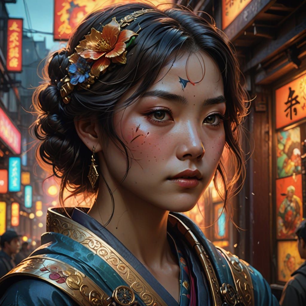 Japanese Ama Portrait in Art Nouveau Style