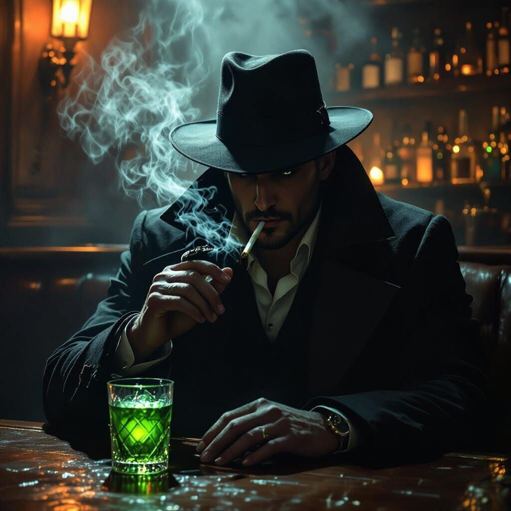 Ominous Figure with Absinthe: A Gothic Noir Portrait