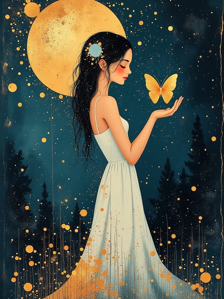 Serene Woman with Butterfly in Moonlit Landscape