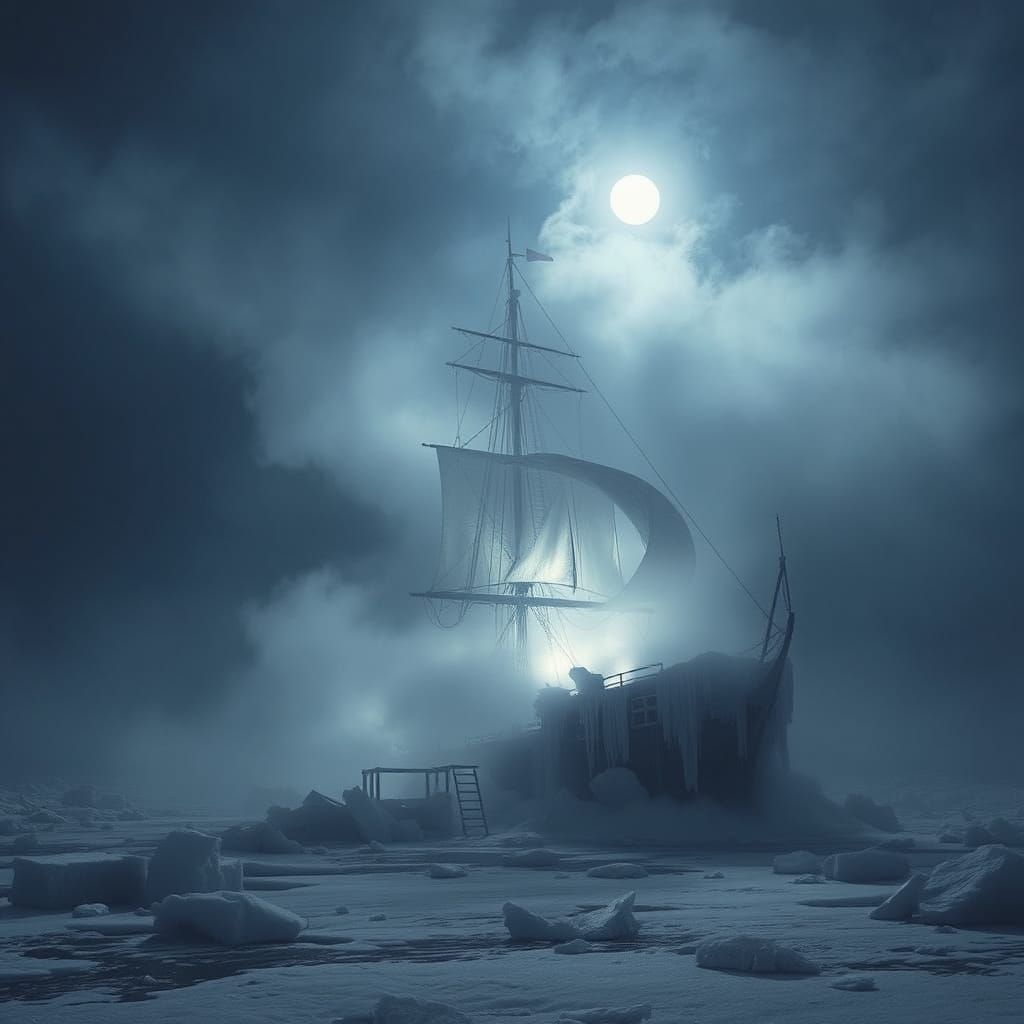 Frozen Ghost Ship in Arctic: Dark Surrealism