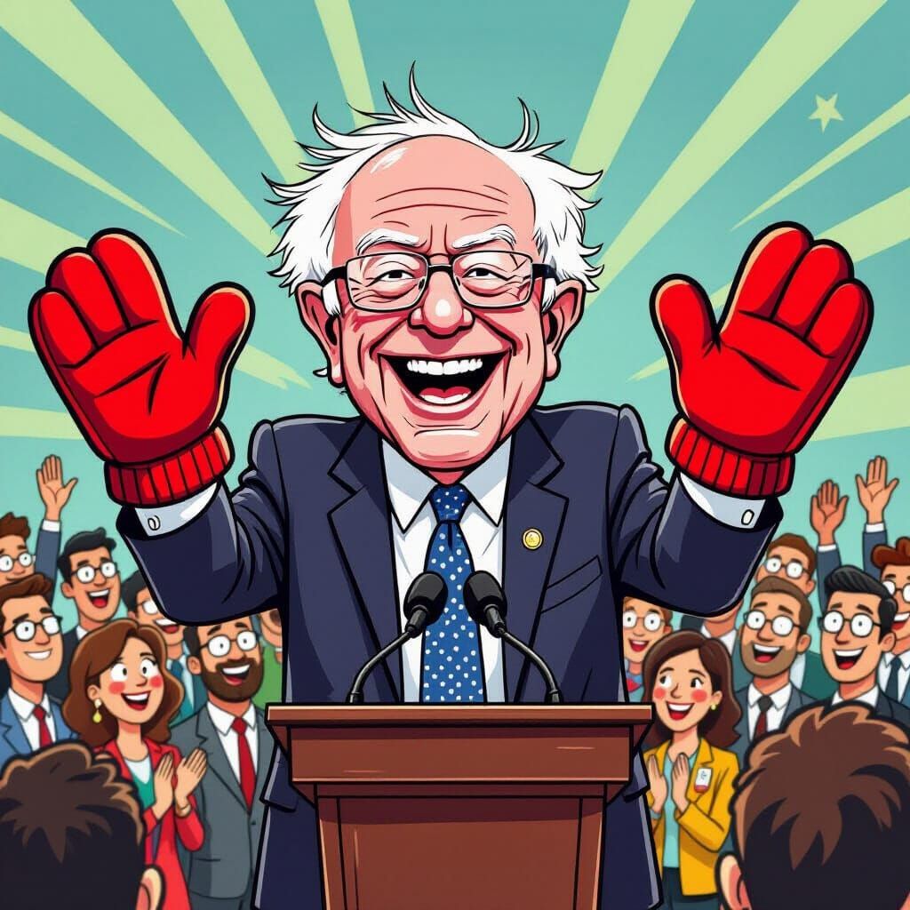 Exaggerated Bernie Sanders Portrait in Bold Caricature Style