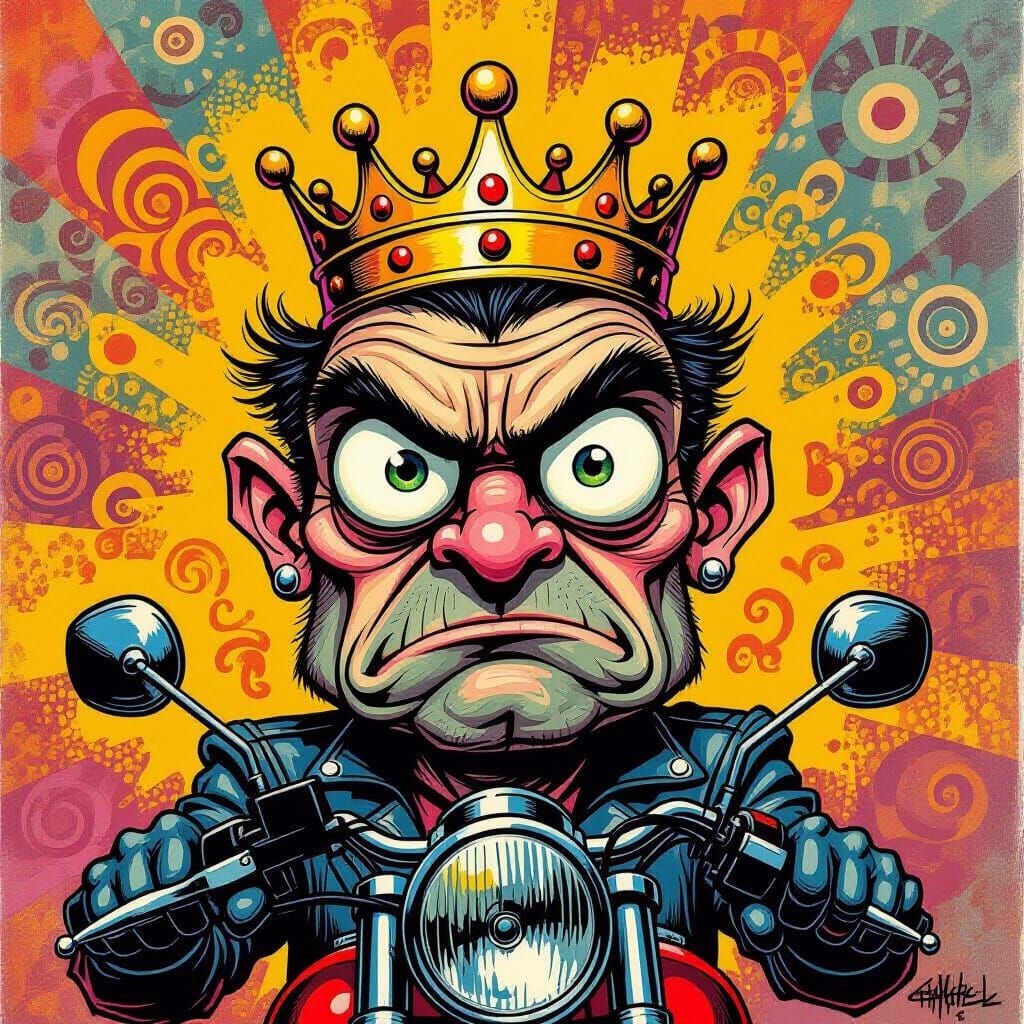 Grumpy Motorcyclist with Bulging Eyes and Paws in Caricature...