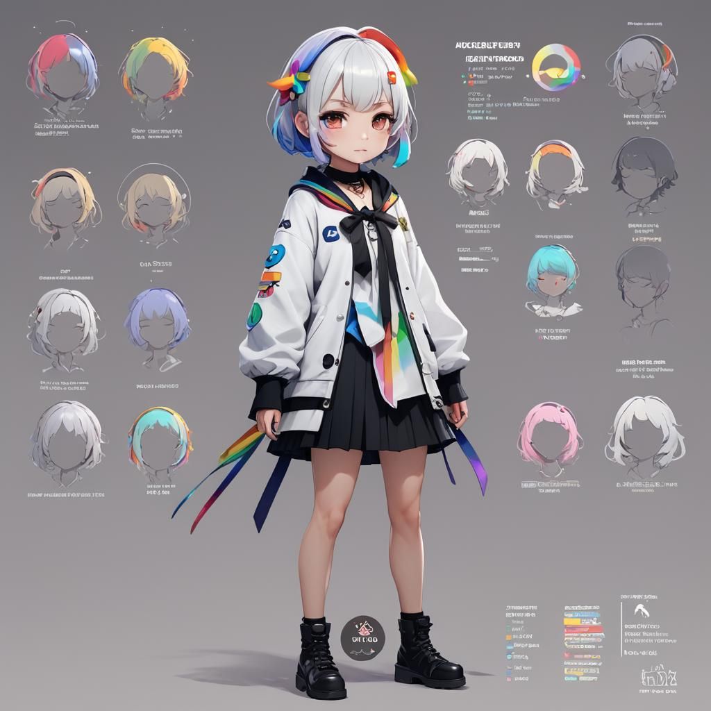 Rainbow Highlight Anime Girl Character Sheet in 3D