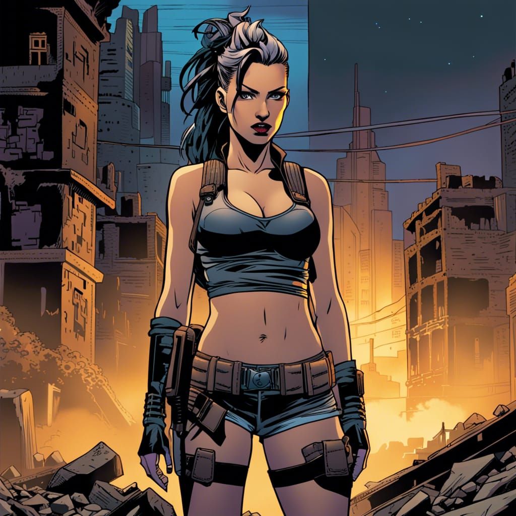 Cyberpunk Woman in Post-Apocalyptic Comic Scene