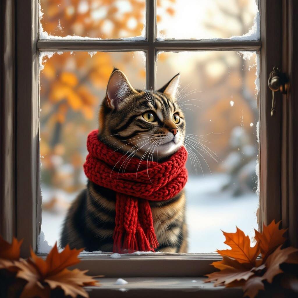 Cute Tabby Cat in Red Scarf Gazes Through Autumn Window