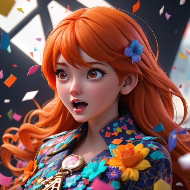 Orange-Haired Woman in Confetti, Cel-Shaded MiHoYo Style