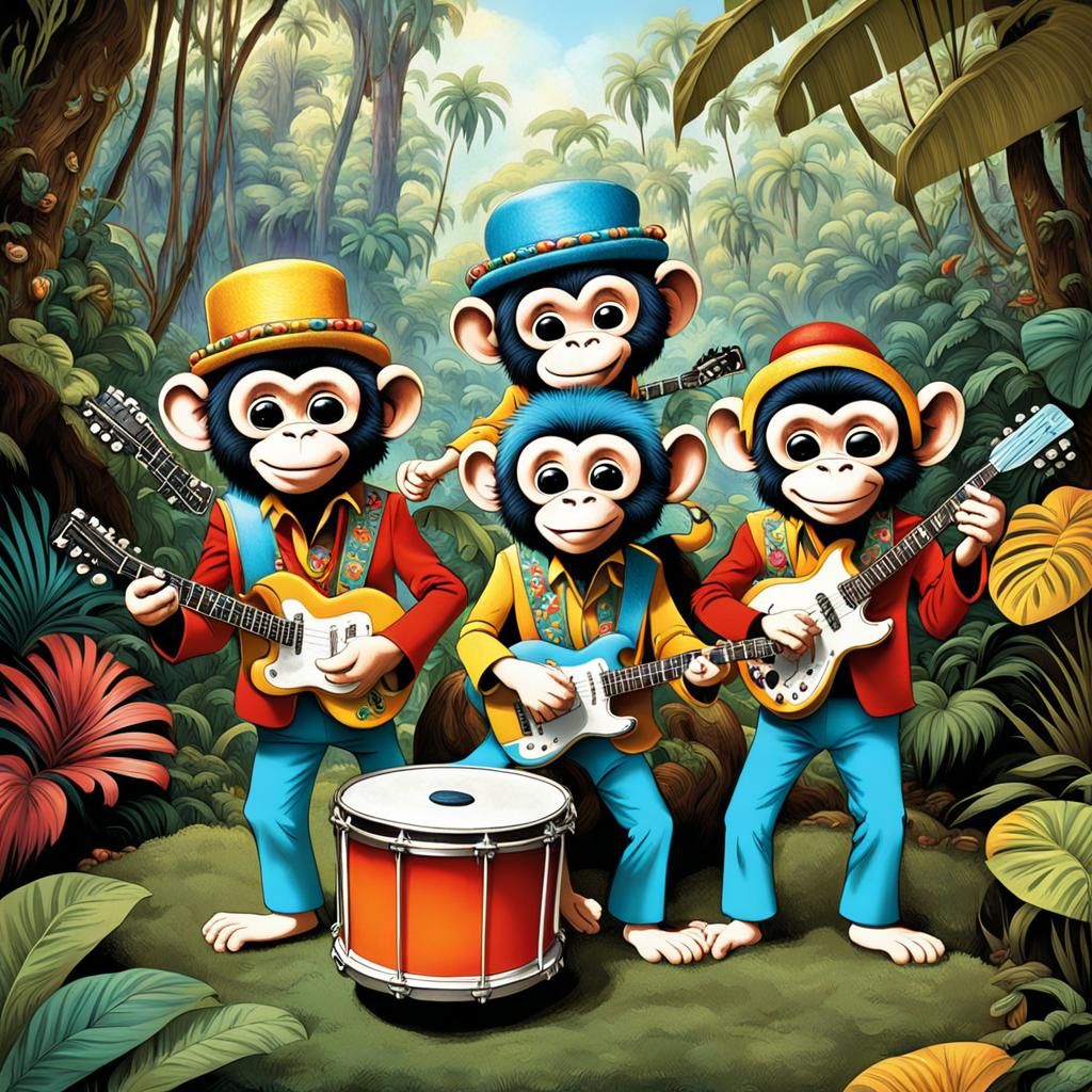 The monkeys band  in the heart of a lush jungle, proudly sho...