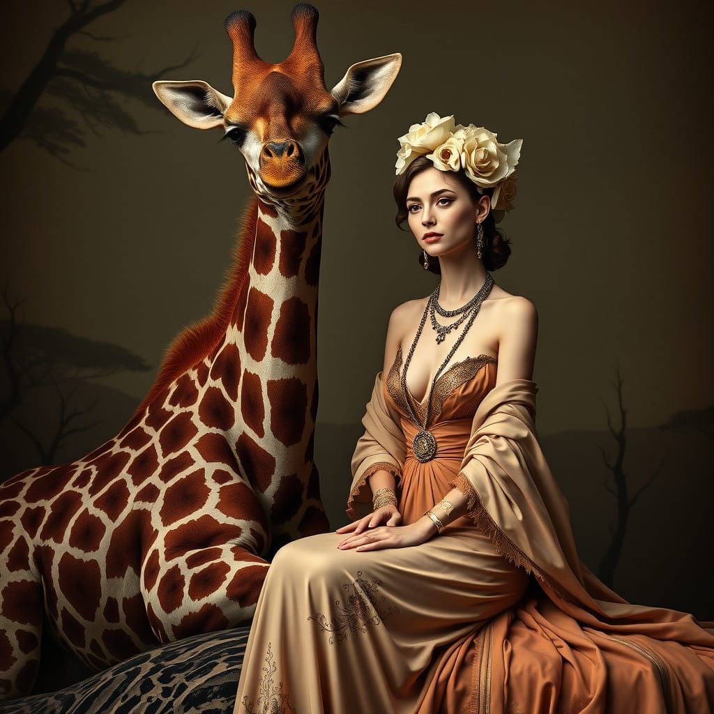 Elegant Woman Sits Beside a Giraffe in Art Nouveau Style